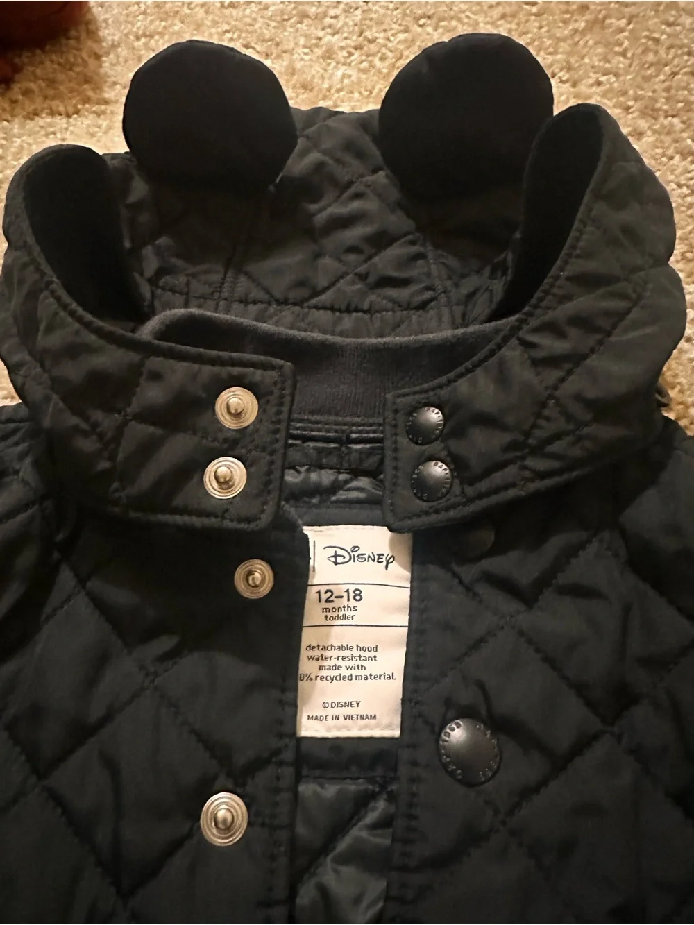 GAP x DISNEY Toddler Black Quilted Jacket with Snap Closures